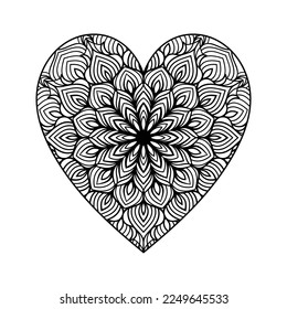 Heart shaped mandala floral pattern for coloring book, heart with floral mandala pattern, hand drawn heart floral mandala doodle, heart mandala coloring page for adult