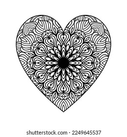 Patrón cardíaco de mandala floral en forma de corazón para libro de colorantes, corazón con un patrón de mandala floral, doodle de mandala floral de corazón dibujado a mano, página de color mandala cardíaca para adultos