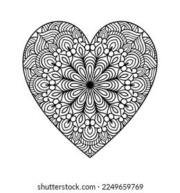 Patrón cardíaco de mandala floral en forma de corazón para libro de colorantes, corazón con un patrón de mandala floral, doodle de mandala floral de corazón dibujado a mano, página de color mandala cardíaca para adultos