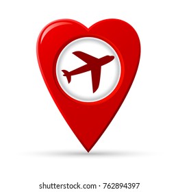 Heart shaped map pointer of airplane vector icon.