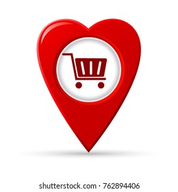 Heart shaped map pointer of shopping center, vector icon.