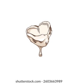 Heart shaped marshmallow outline sketch vector in melted white chocolate. Hand drawn watercolor illustration. Chocolate fondue. Asian holiday White Day. Sweet dessert. Isolated background.