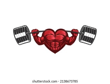Heart shaped mascot lifting heavy weight vector