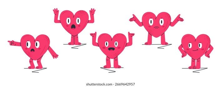 Heart shaped mascots. Comic heart shapes with various funny emotions, heart characters with cute faces flat vector illustration set. Cartoon heart shapes on white