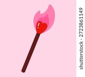 Heart shaped match with flame. Romantic love symbol. Valentine’s Day, passion and warmth concept. Flat vector illustration. Isolated on pink background