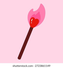 Fósforo en forma de corazón con llama. Símbolo de amor romántico. Día de San Valentín, pasión y calidez concepto. Ilustración vectorial plana. Aislado sobre fondo rosa
