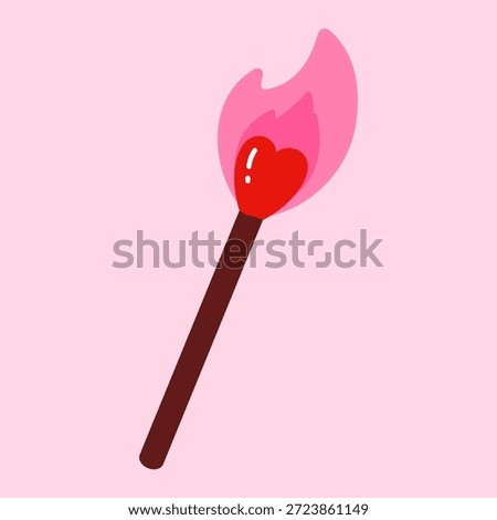 Heart shaped match with flame. Romantic love symbol. Valentine’s Day, passion and warmth concept. Flat vector illustration. Isolated on pink background