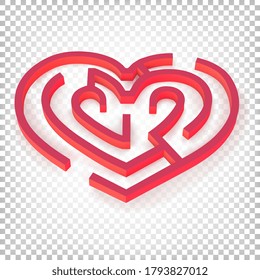 Heart shaped maze. 3d puzzle game. Vector illustration isolated on white transparent background.