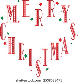 Heart shaped Merry Christmas wish, Card design, vector for T-shirt or decorations printing. 