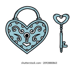 Herzförmige Metallschloss und -schloss. Vektorgrafik für Valentinstag oder Hochzeitsstil auf weißem, isoliertem Hintergrund. Zeichnung von Padlock
