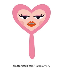Heart shaped mirror with a reflection of a beautiful face, cartoon style. Love yourself, self acceptance concept. rendy modern vector illustration isolated on white background, hand drawn, flat 