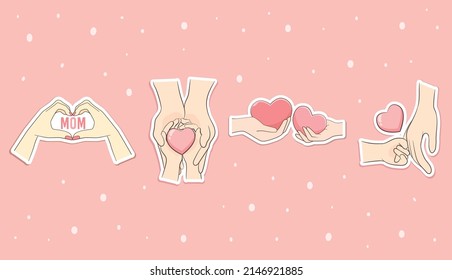 Heart shaped mom and baby hand hold love for mother's day badge 