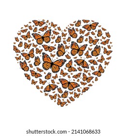 Heart shaped Monarch butterflies. Vector illustration isolated on white background