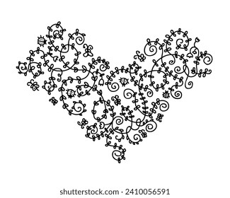 Heart shaped monochrome doodle pattern with tangled plants, ladybugs and butterflies. Perfect print for tee, poster, card, sticker, banner. Hand drawn vector illustration.



