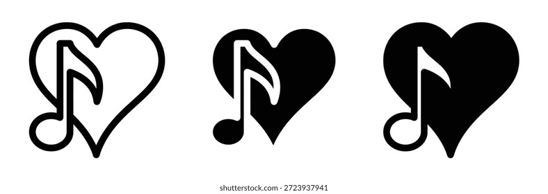 Notas de música en forma de corazón en blanco y negro, Conjunto de notas musicales y símbolos de clave. Sencillo icono de música Ilustración vectorial, corazones y notas musicales en armonía