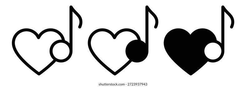 Notas de música en forma de corazón en blanco y negro, Conjunto de notas musicales y símbolos de clave. Sencillo icono de música Ilustración vectorial, corazones y notas musicales en armonía