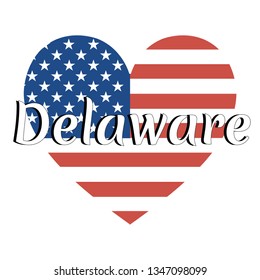 Heart shaped national flag of The United States of America with inscription of state name: Delaware in modern style. Vector EPS10 illustration.
