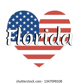 Heart shaped national flag of The United States of America with inscription of state name: Florida in modern style. Vector EPS10 illustration.