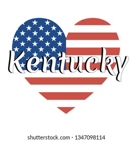 Heart shaped national flag of The United States of America with inscription of state name: Kentucky in modern style. Vector EPS10 illustration.