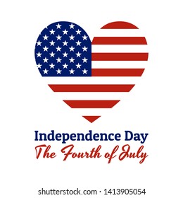Heart shaped national flag of The United States of America with inscription: Independence Day, the Fourth of July in modern style with patriotic colors. Vector EPS10 illustration.