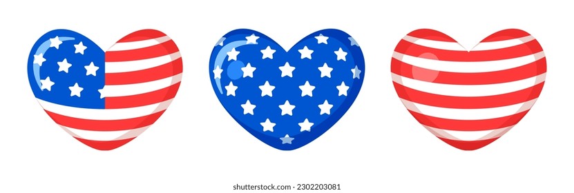 Heart shaped national flag of The United States of America. Hearts isolated on white background. I love Amerika vector sign with stars and stripes. Sticker for the 4th of July Independence Day USA.	
