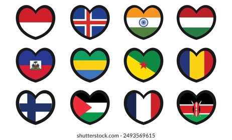Heart shaped national flags set vector illustration design. country flags collection.
