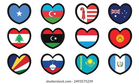 Heart shaped national flags set vector illustration design. country flags collection.