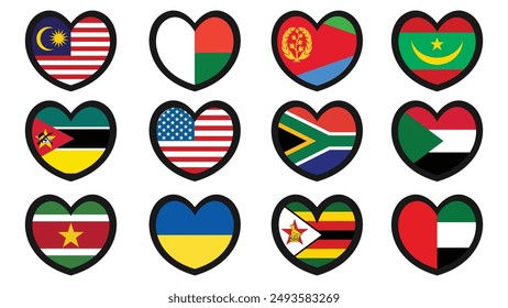 Heart shaped national flags set vector illustration design. country flags collection.