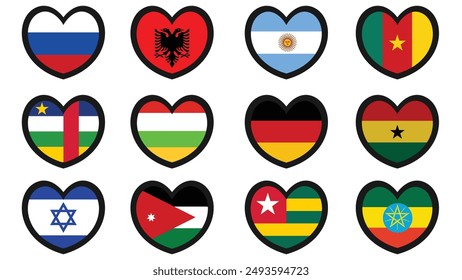 Heart shaped national flags set vector illustration design. country flags collection.