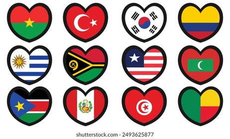 Banderas nacionales en forma de corazón con diseño de Ilustración vectorial. Banderas de países colección.