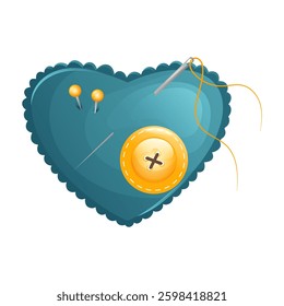 Heart shaped needlework cushion with button and sewing needle and pins. Vector illustration in cartoon style. 