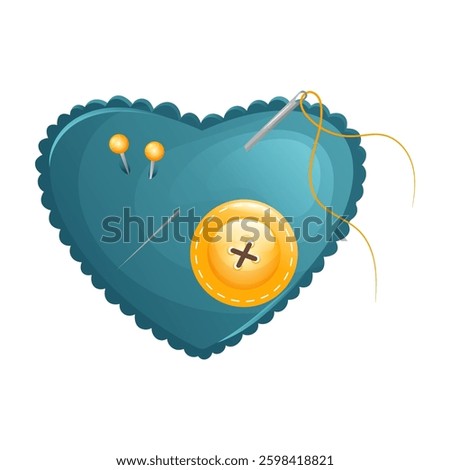 Heart shaped needlework cushion with button and sewing needle and pins. Vector illustration in cartoon style. 