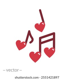 ícone de notas em forma de coração, melodia de amor, música de amantes, conceito de dia dos namorados, símbolo da web plana, ilustração vetorial