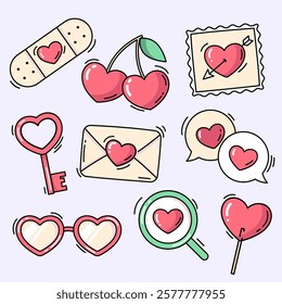 Heart shaped objects and elements, cute simple love illustrations, set of hand drawn vector drawings