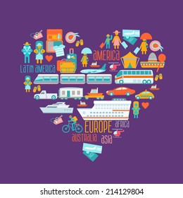 Heart shaped objects for travel and tourism. Love to travel, signs and symbols. Vector illustration