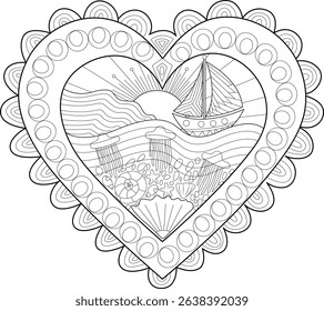 Heart Shaped Ocean Scene Coloring Page, A black and white line art illustration within a decorative heart frame, depicting a peaceful ocean scene with a sailboat, sunrise, waves, jellyfish,
