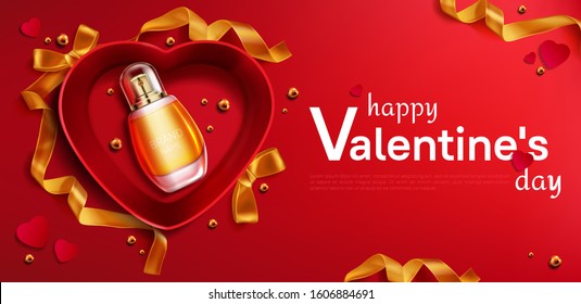 Heart shaped open gift box with perfume bottle, red present package with fragrance, golden satin ribbon and pearls, realistic vector top view isolated on scarlet background, valentines day sale banner