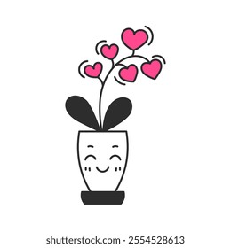 Heart shaped Orchid Plant in Pot. Hand drawn cute potted houseplant with flower and leaf. Love growth symbol. Valentines day vector illustration