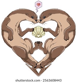 Heart shaped otter couple, Valentine's Day symbol with animals, love for nature with marine mammal