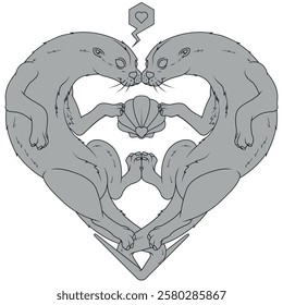 Heart shaped otter couple, Valentine's Day symbol with animals, love for nature with marine mammal