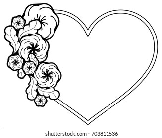Heart shaped outline frame with flowers. Vector clip art.