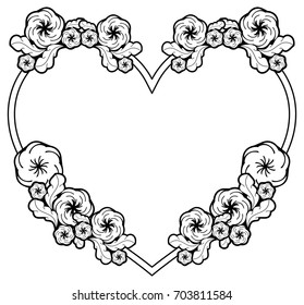 Heart shaped outline frame with flowers. Vector clip art.