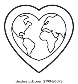 Heart shaped outline of the world map in black and white for love and care of the earth concept symbolizing global affection and environmental awareness