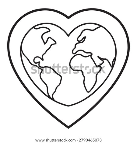 Heart shaped outline of the world map in black and white for love and care of the earth concept symbolizing global affection and environmental awareness