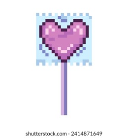 Lollipop de píxeles en forma de corazón y empaquetado, icono de 8 bits, retro, y2k píxel en un vector de fondo completamente blanco