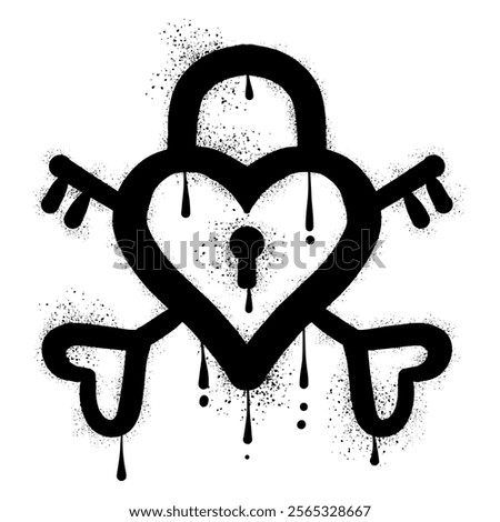 Heart shaped padlock with crossed keys drawn with black spray paint graffiti