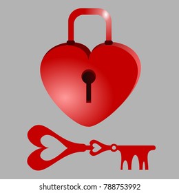 Heart shaped padlock and key. Background of Valentine's Day. Vector illustration