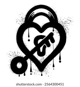 Heart shaped padlock and key with black spray paint graffiti