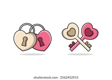 Heart Shaped Padlock and Key – Cute Valentine Sticker Style Vector