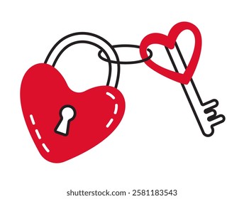 Heart shaped padlock with key doodle style Hand drawn trendy flat style love isolated icon Romantic symbol of love for web graphic design poster tattoo Valentines Day card line art Vector illustration